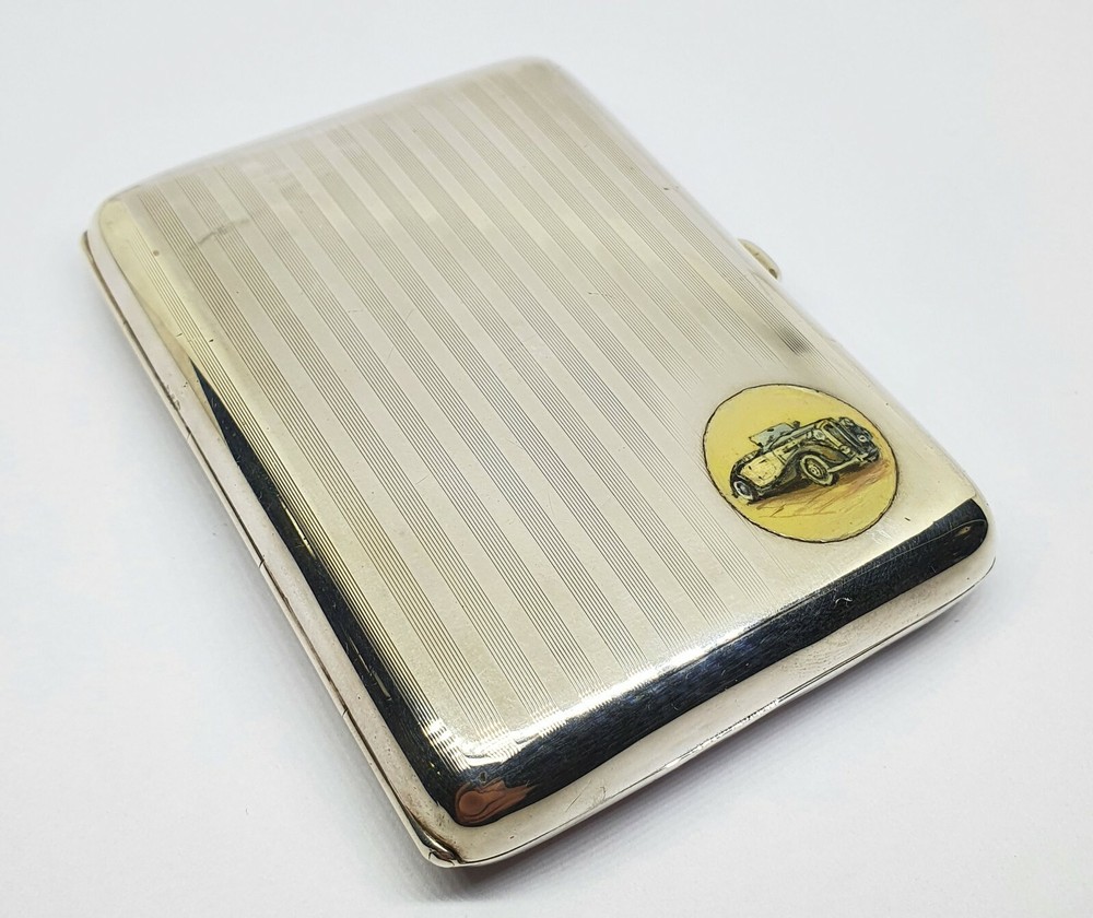Antique Sterling Silver Car Enameled Cigarette Case - 143