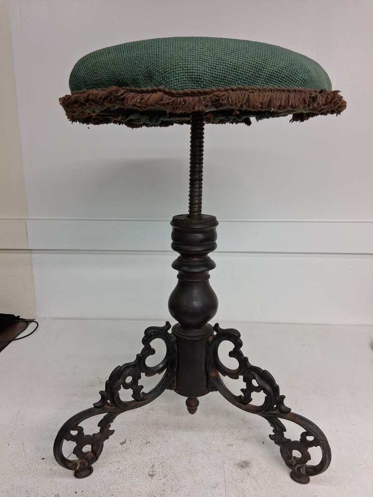 1800’s H D Bentley Upholstered Piano Stool Scrollwork CastIron Legs Original Con