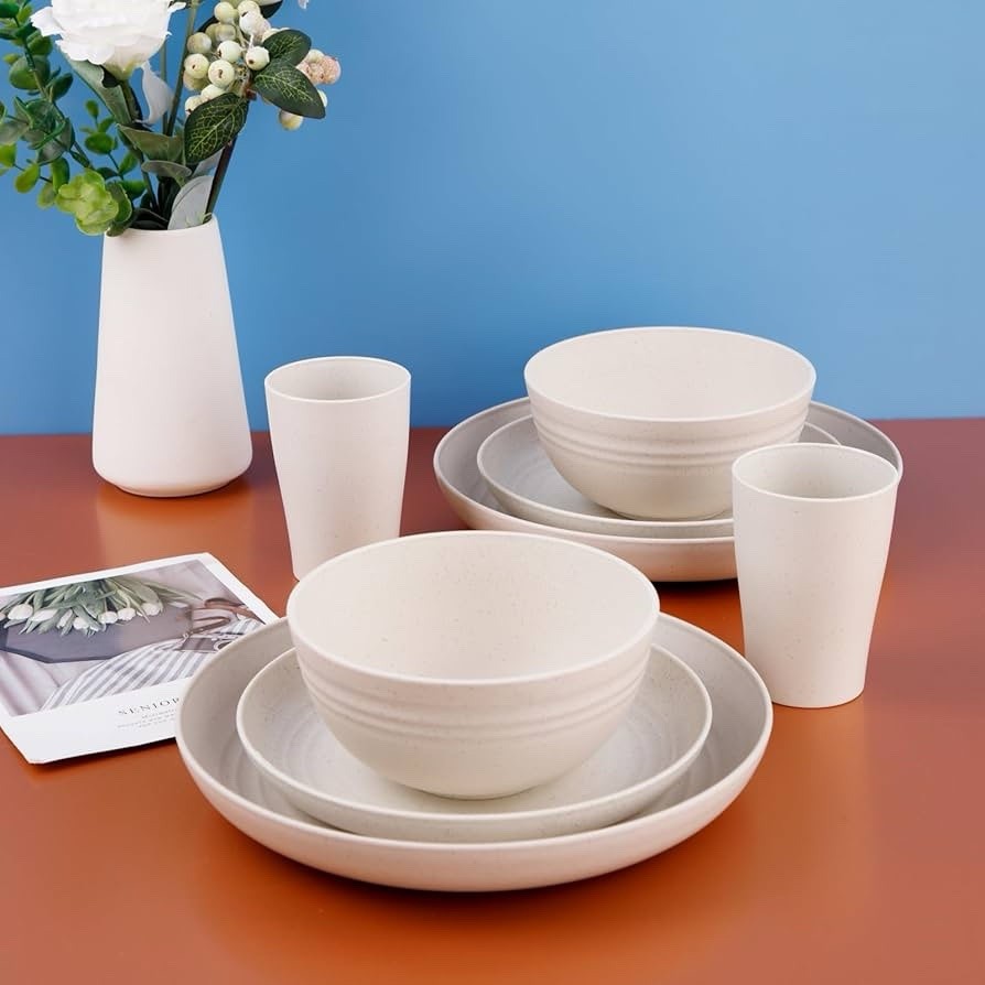 32pcs Wheat Straw Dinnerware Microwave Dishwasher Safe Dish Sets for 8 Beige