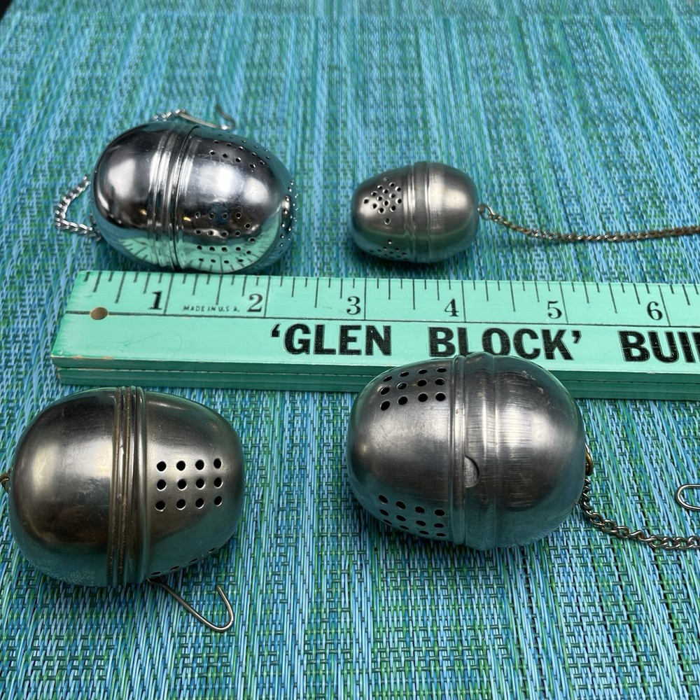 4 Stainless Classic Tea Ball Infusers Strainers w Chains Various Sizes Vtg Read