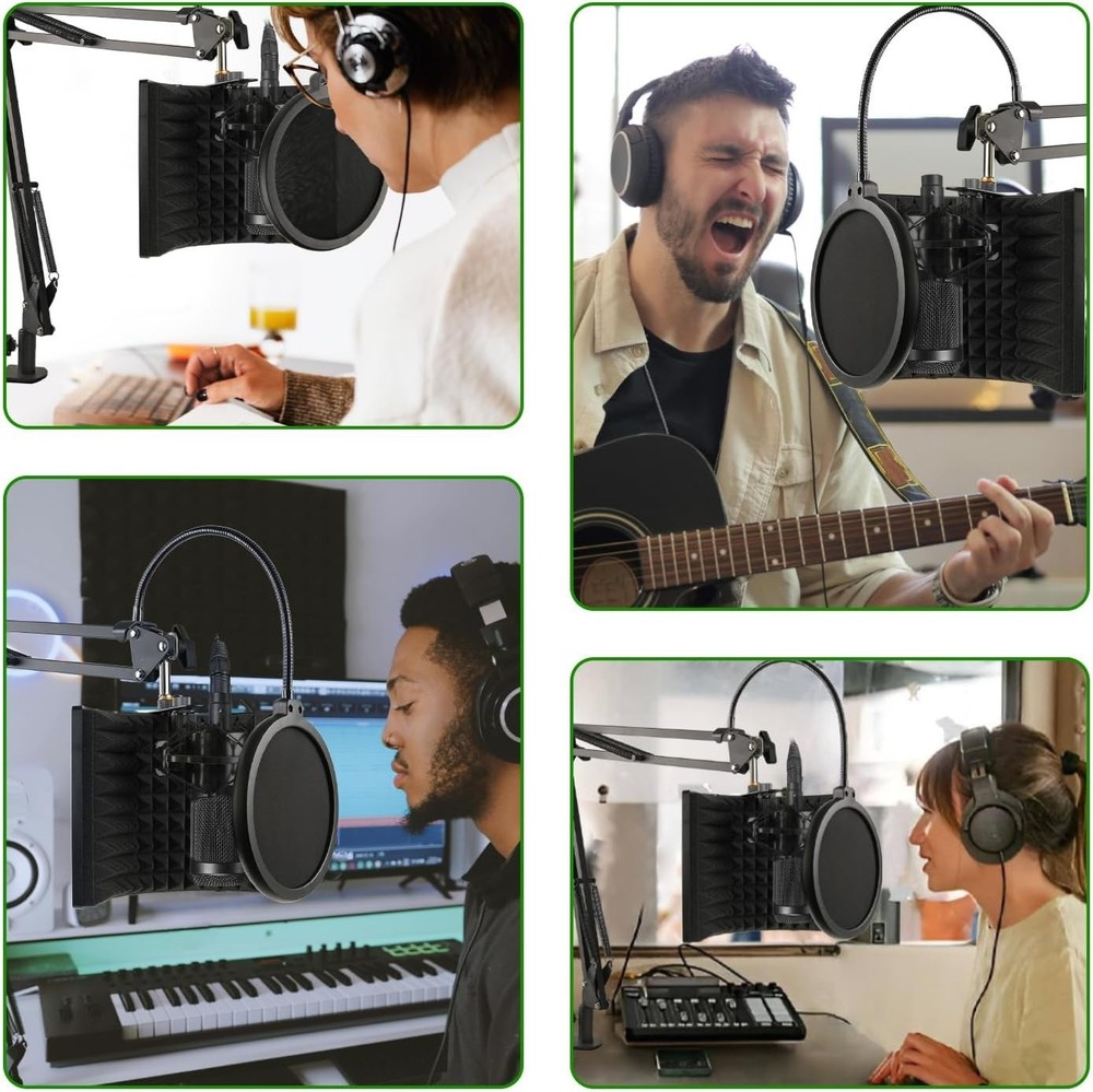 Microphone Stand with Isolation Shield and Pop Filter for Recording