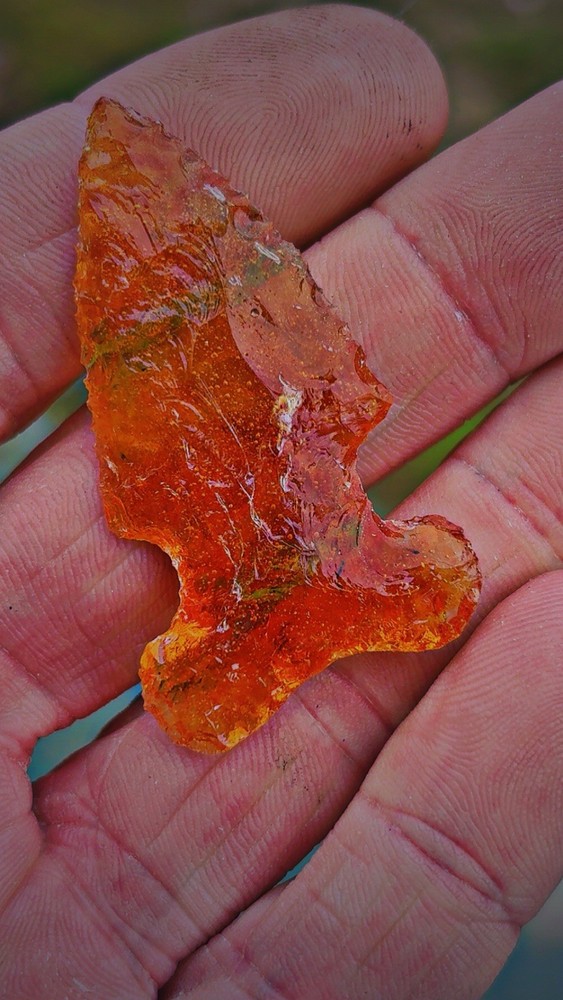 Flintknapped Fire Opalite Glass Big Sandy/ Side Notched Arrowhead, Beautiful