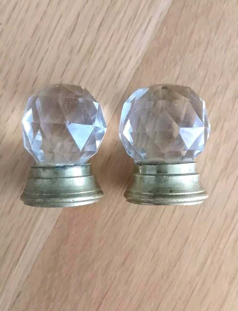 Vintage Pair Very Small Old Round Faceted Glass Pull Knobs Brass Base