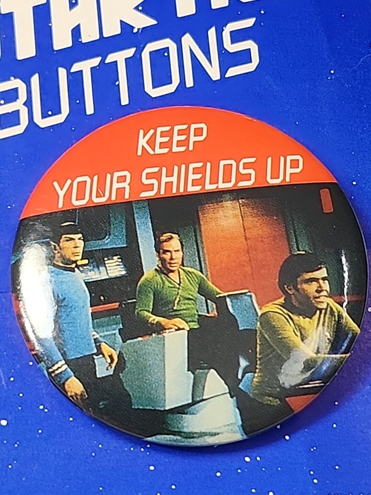 Star Trek Button Pin 1.5" Keep Your Shields Up Vintage 1987
