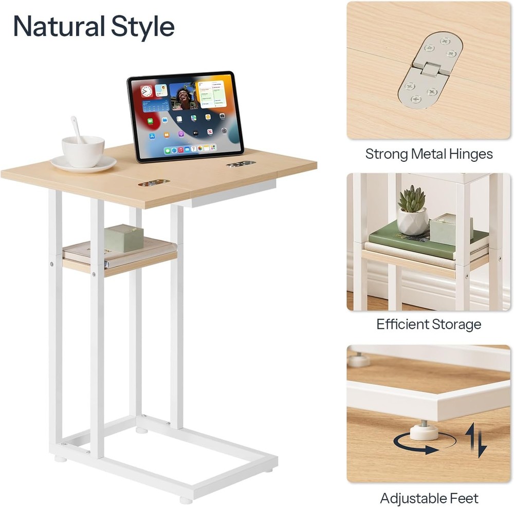Foldable End Table C Shaped Side Table W/ Storage Shelf Small Snack Table