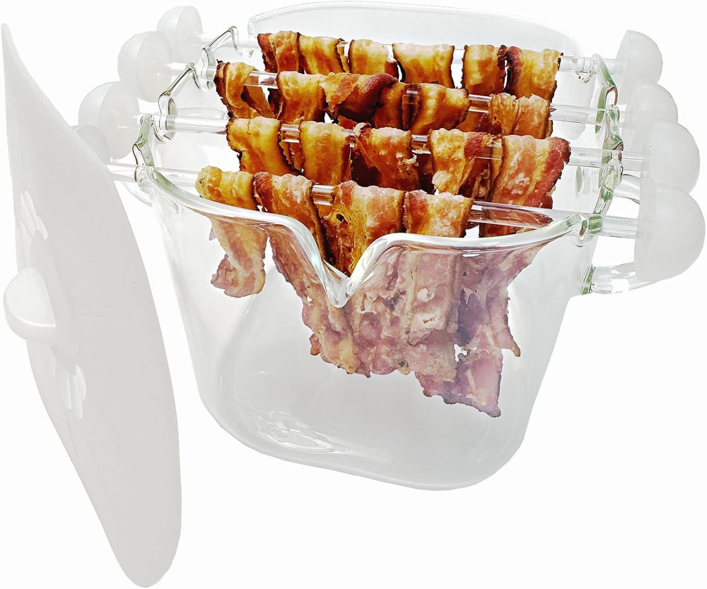 Microwave Bacon Cooker, Glass Bacon Jar with Silicone Lid, Removable Glass Ro...