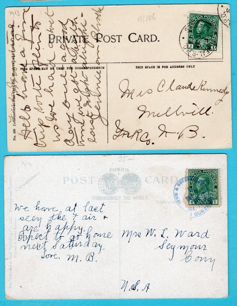 CANADA 2 PPC's 1912-13 with interesting (train) cancels