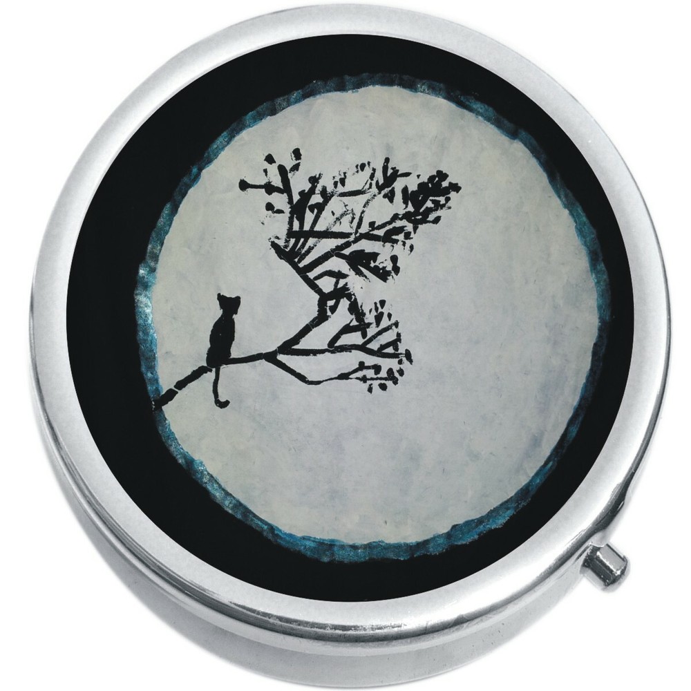 Cat On Tree Moon Medicine Vitamin Compact Pill Box