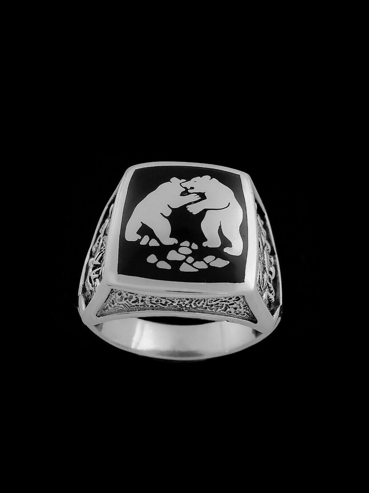 Fighting Bear Ring • 925 Sterling Silver • Mountain Scene