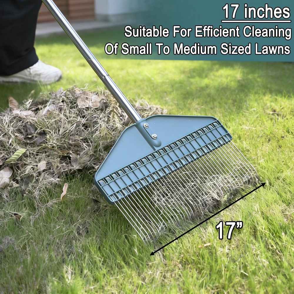 Thatch Rake with 66 Inch Adjustable Handle, 17 Inch Wide Durable Dethatcher R...