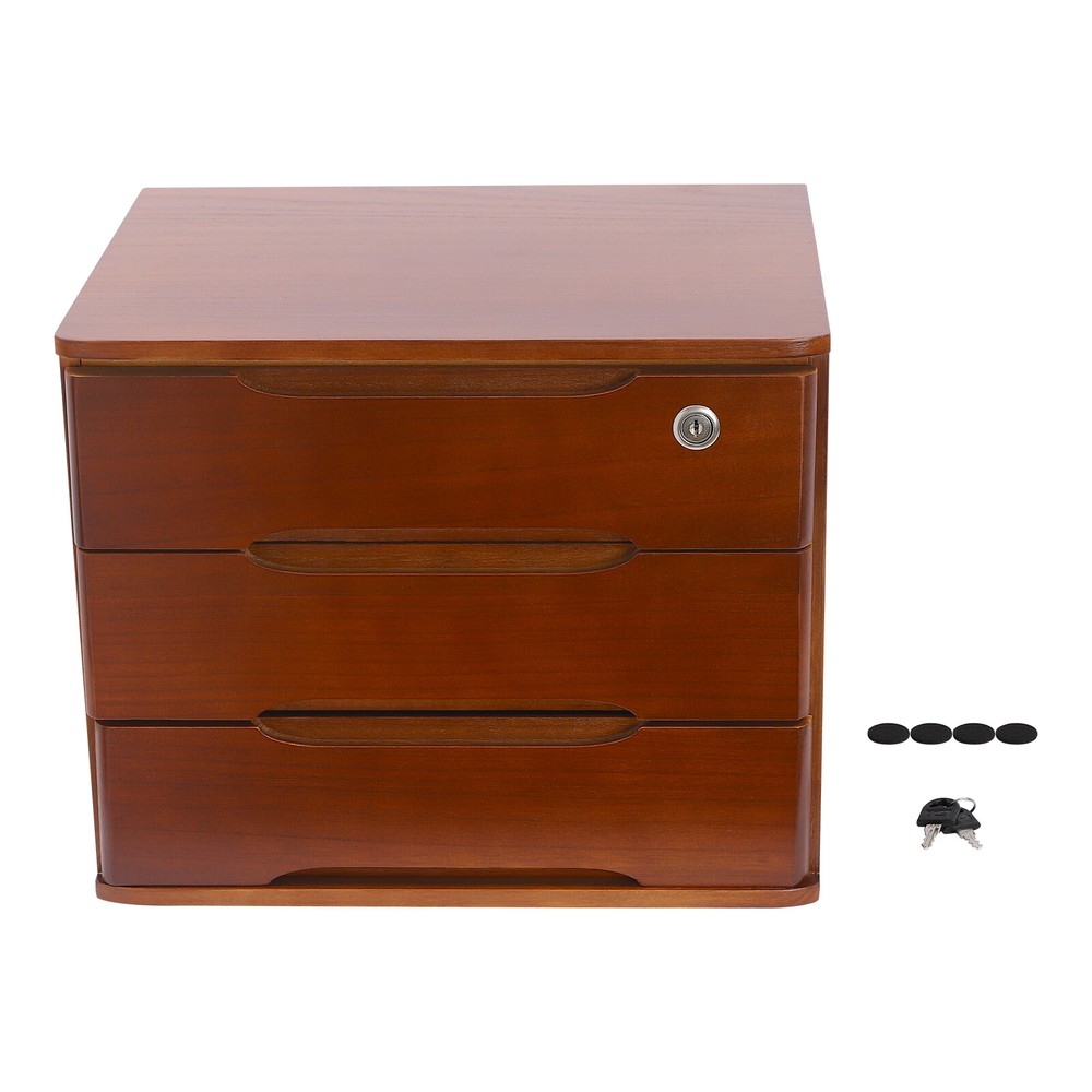 3-Tier File Cabinet Organizer Walnut Desktop Storage Box with Lockable 3 Drawers