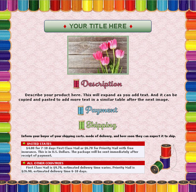 AUCTION TEMPLATE Sewing Thread Spools Border Design - FREE Email Shipping