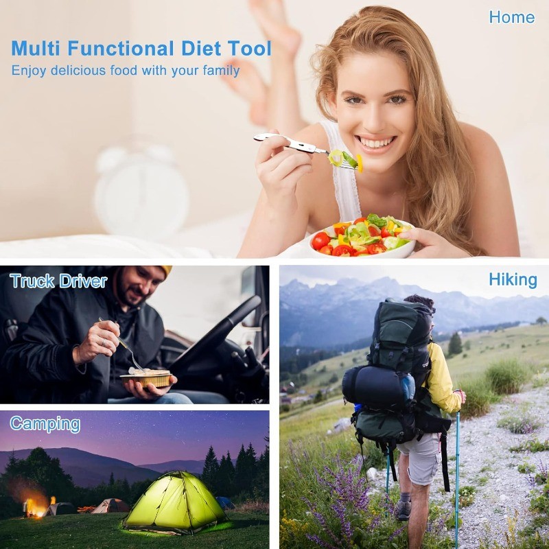 4 in1 Foldable Camping Utensil Set Multi-Functional ForkSpoon Bottle Open