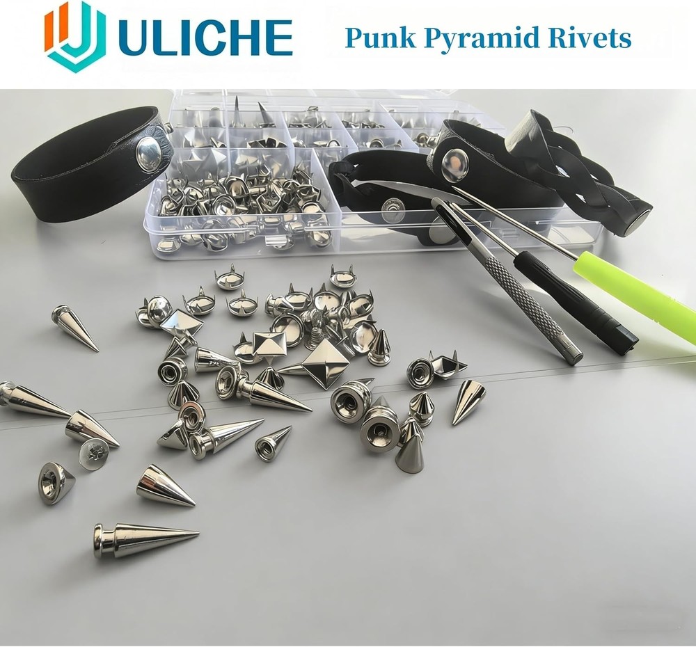 Uliche 559 Pcs Punk Studs and Spikes Kit，8 Sizes Cone Spikes,Square Pyramid&Ci