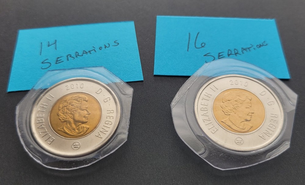 *** CANADA  COMBO  TOONIE  2010 ***  14  & 16  SERRATIONS ** FROM  MINT  SETS **
