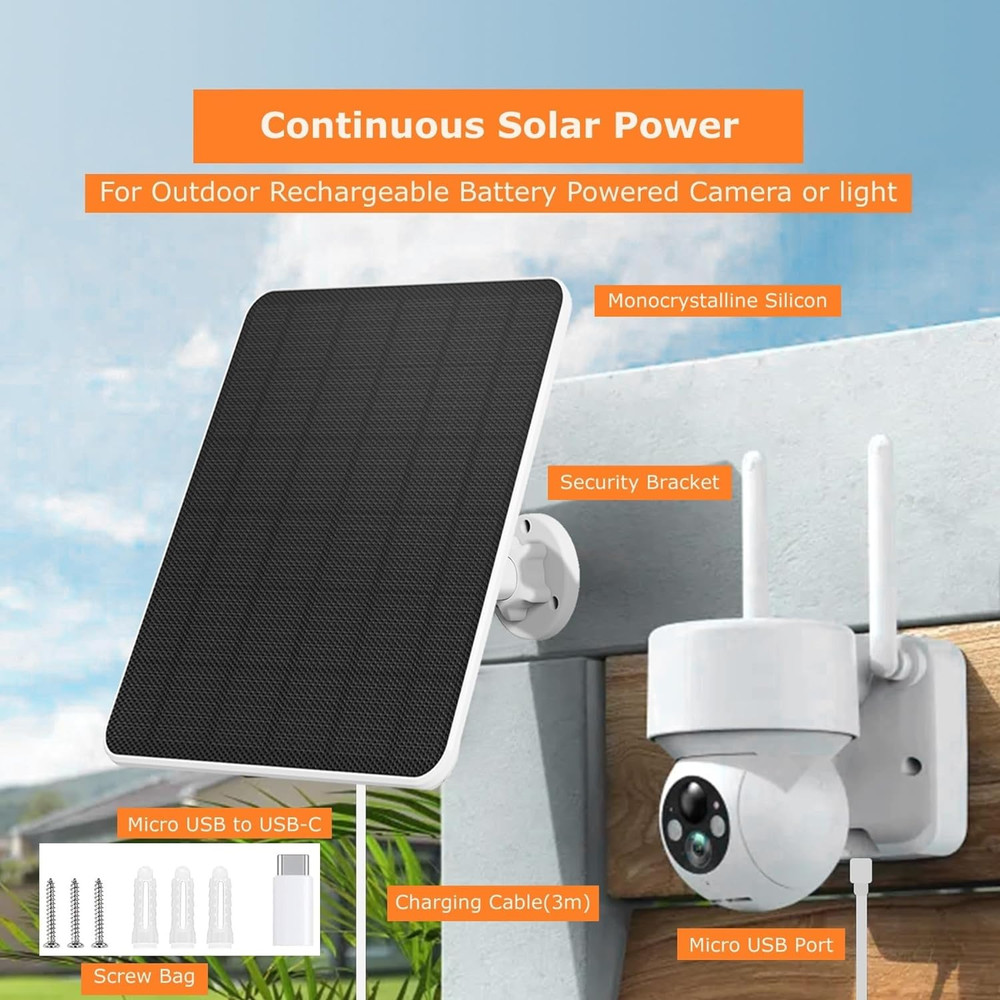 Solar Panel for Security Camera, 6W Solar Panel Micro USB & USB-C for Outdoor Re