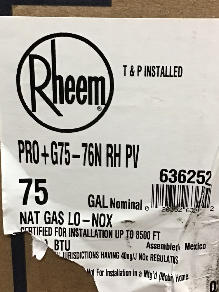 RHEEM PRO +G75-76N RH PV 75 Gallon Residential Natural Gas Water Heater NEW