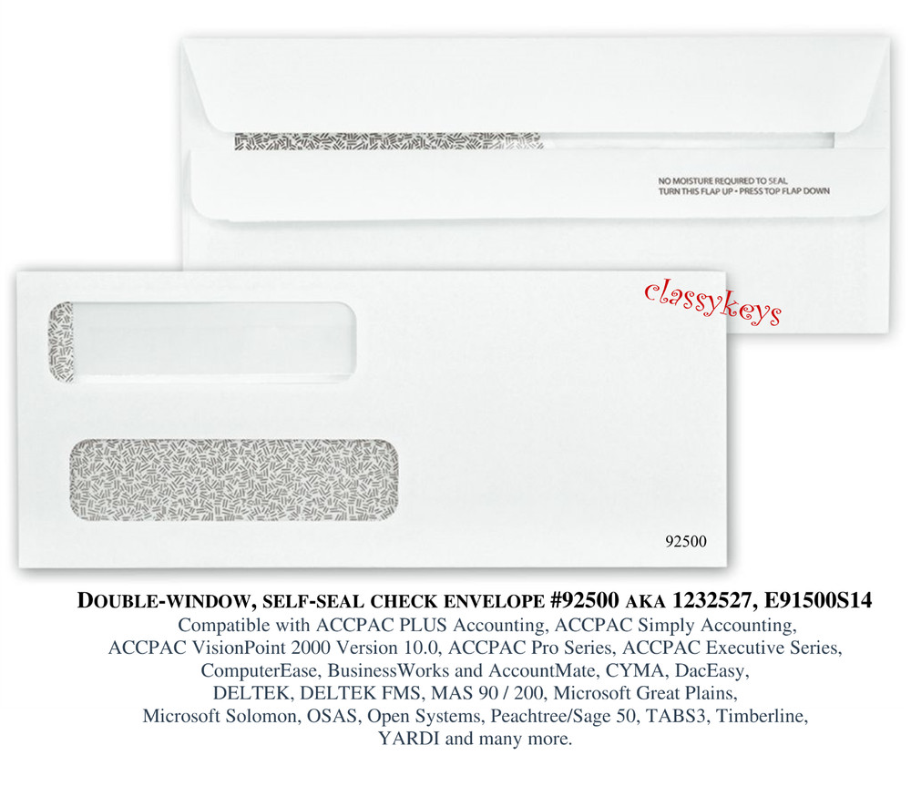 40 check ENVELOPES, Self-Seal Double-Window Security 92500 -- #8-5/8" x 3-5/8"