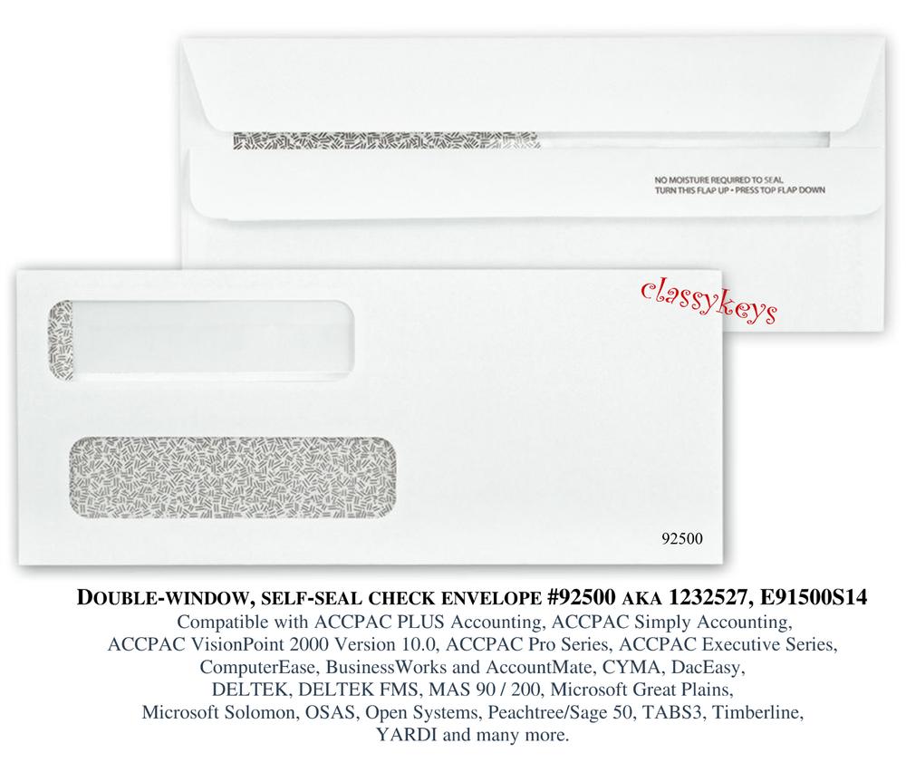 40 check ENVELOPES, Self-Seal Double-Window Security 92500 -- #8-5/8" x 3-5/8"