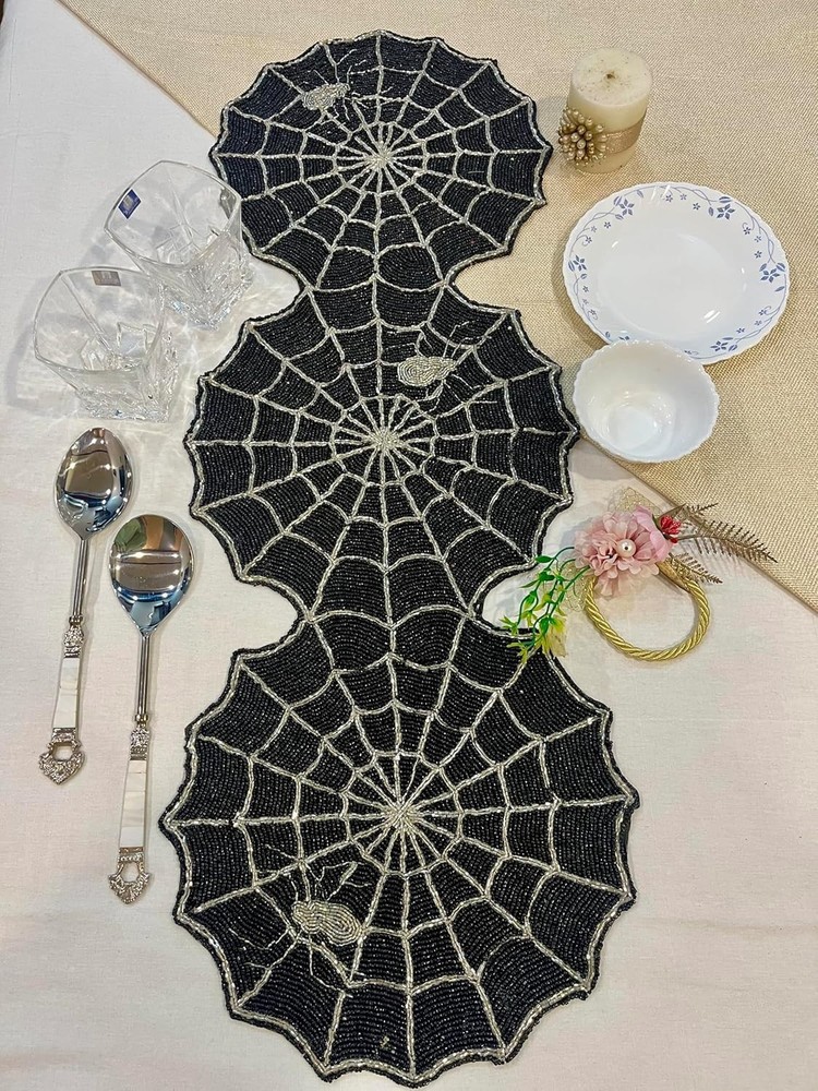 TBS Black Beads Runner | Hand Crafted | Dining Coffee Table Home Decor