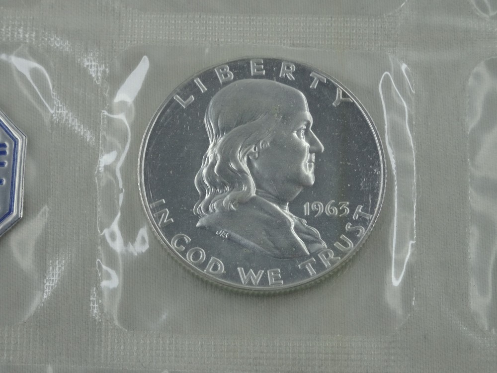 1963 US Mint Proof Set 5 Coins 90% Silver Original Envelope & Cello Flat Pack