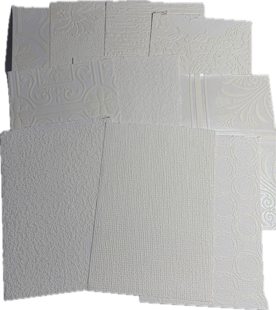10 Assorted Vintage Textured White Wallpaper Samples / Remnants. Set 4.