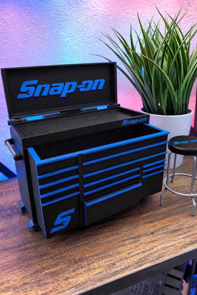 Snap on (3D Printed) Mini Tool Box w/ Drawer /Lid Top & Shop Stool  Black/Blue