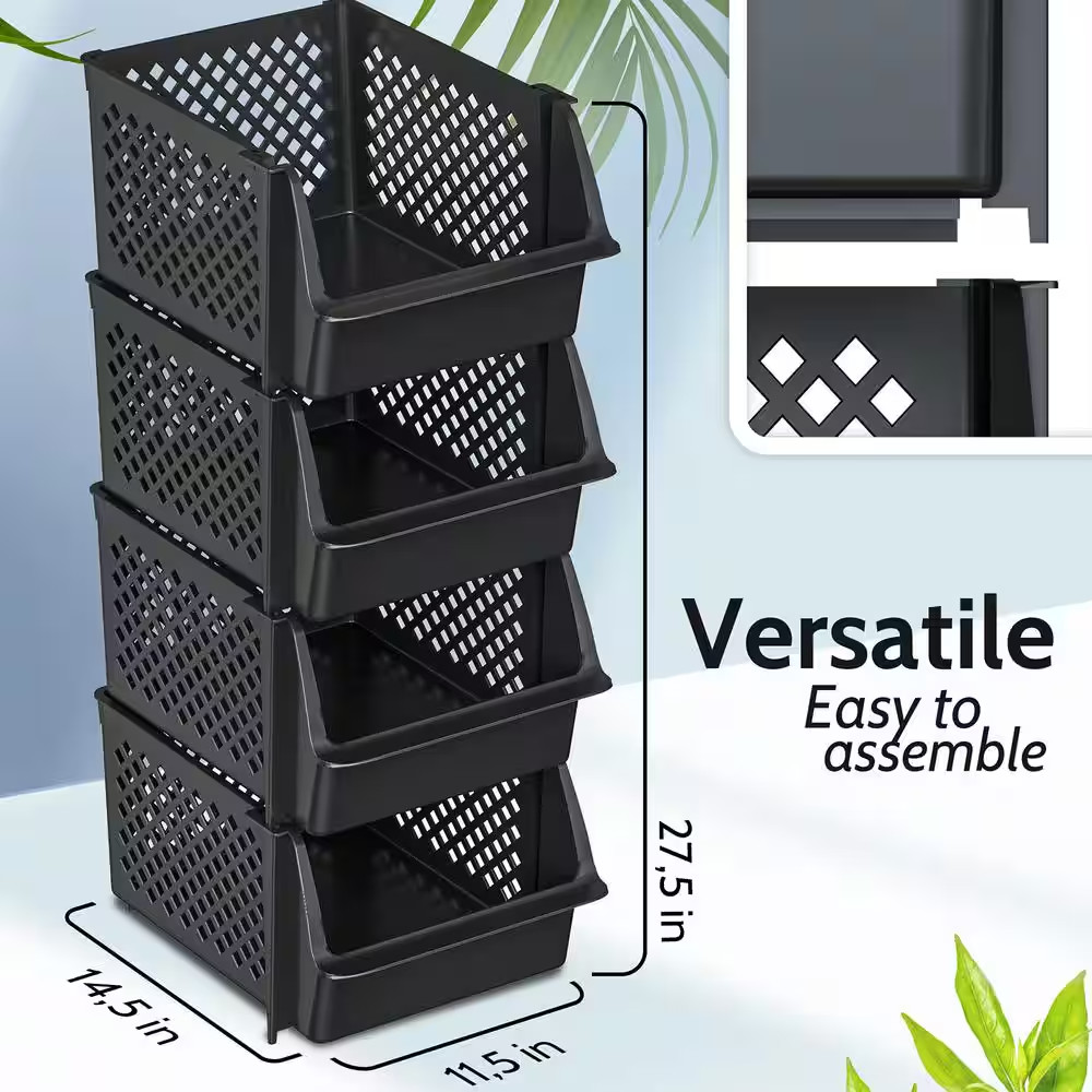 19 Qt. Plastic Stackable Storage Bins for Pantry in Black (4-Pack)
