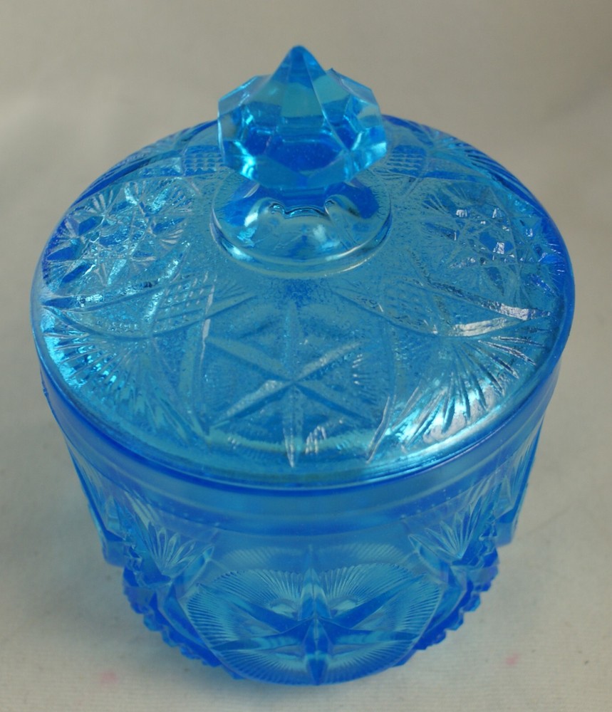 Kemple Blue Pressed Glass Covered Jar Yutec Pattern