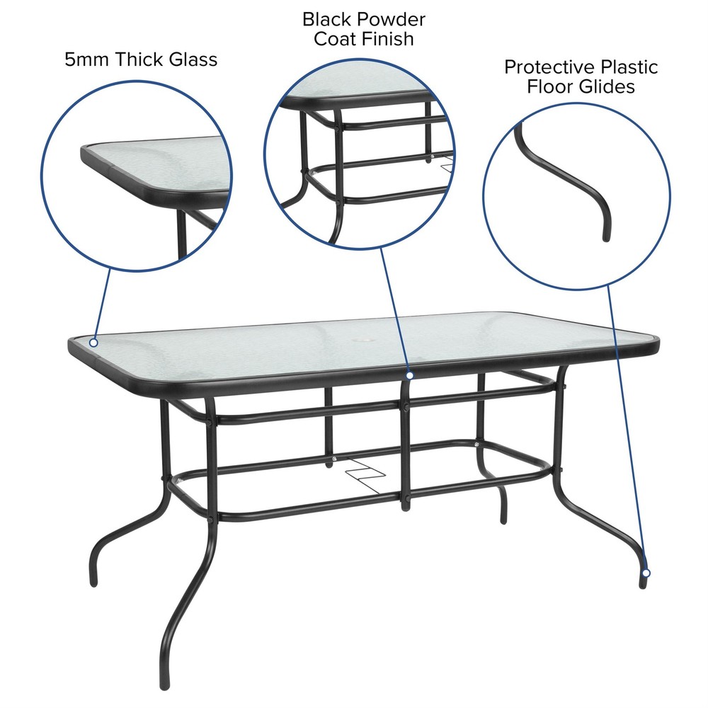 7 Piece Patio Dining Set - 55" Glass Patio Table 6 Black Flex Stack Chairs