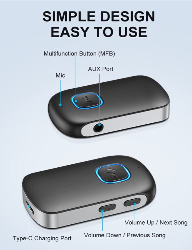 AUX Bluetooth RECEIVER Adapter, Bluetooth 5.0, Dual Device Connection, Black