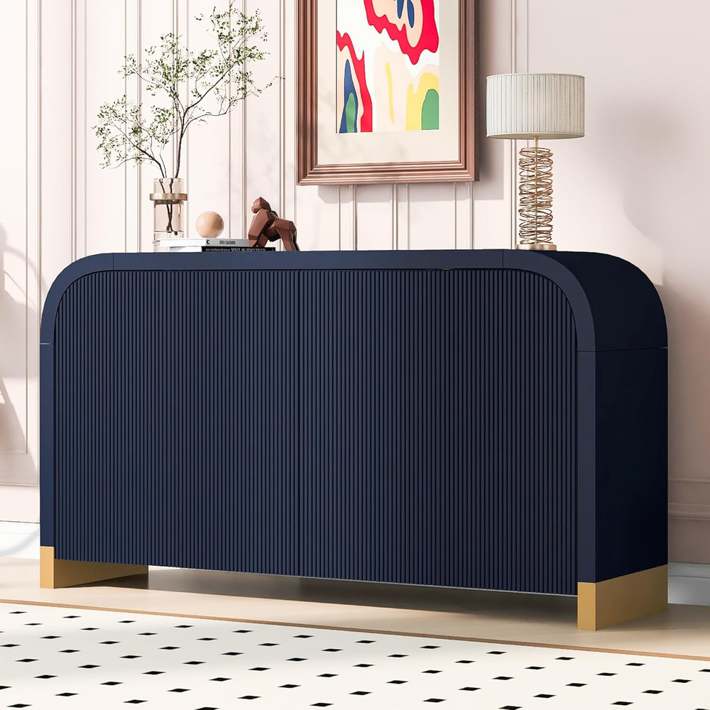 Navy Blue  Sideboard Buffet Cabinet with Adjustable Shelves & Curved Design