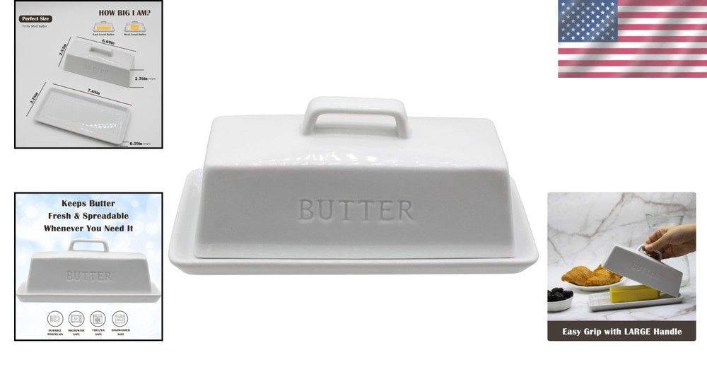 Dishwasher Safe White Butter Container with Lid - Keeps Butter Soft & Spreadable