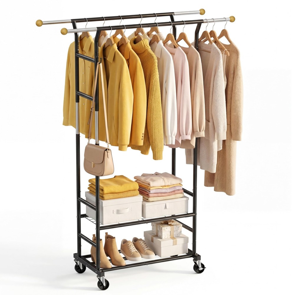 Clothes Rack with 3-Level Height Adjustment - Double Rod Extendable Hanging R...