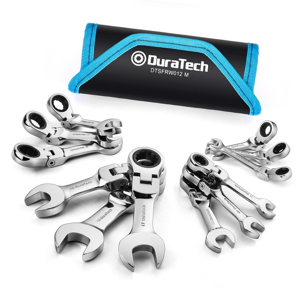 DURATECH Stubby Flex-head Ratcheting Combination Wrench Set, Metric, Silver