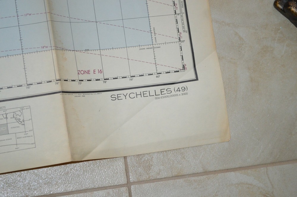 1944 Army WWII Long Range Air Navigation Chart Topographic Map Seychelles