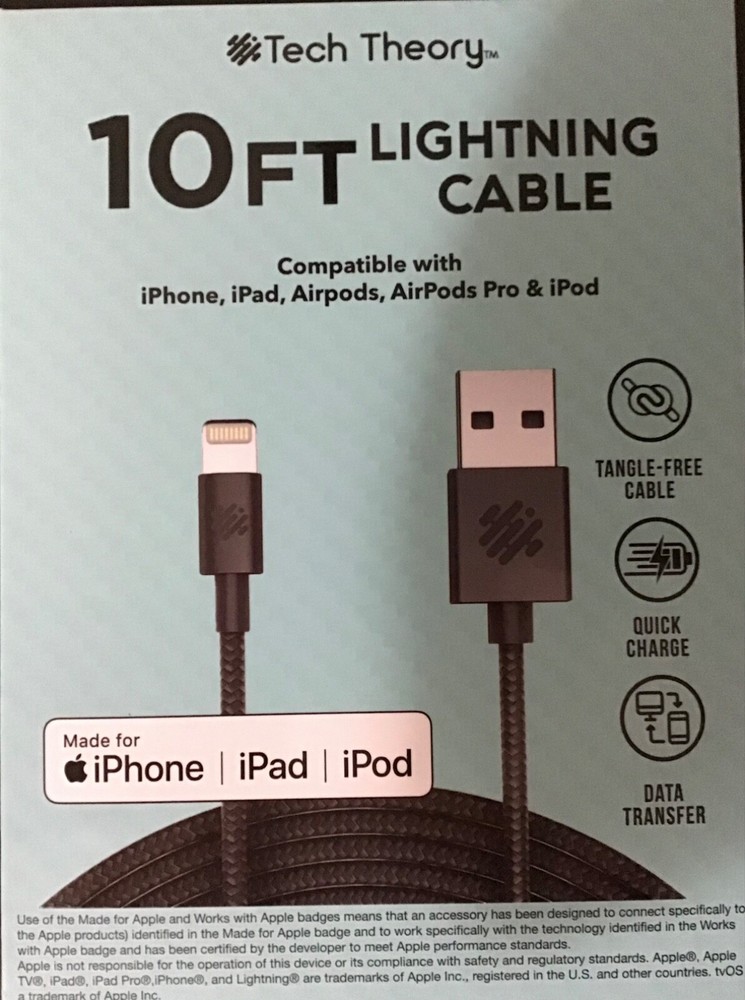 NEW Tech Theory 10ft Cable Compatible with iPhone, iPad, iPod-Charge/Transfer