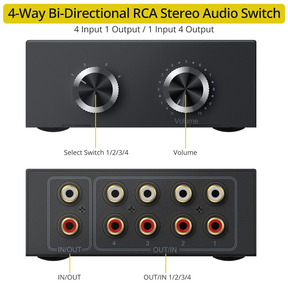 4 Way Bi-Directional Splitter - RCA Switch with Volume Control and Switch Button
