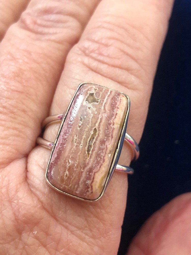 Pink Rosy Rhodochrosite Rectangular Ring Sz 10 Old West Artisan Handmade