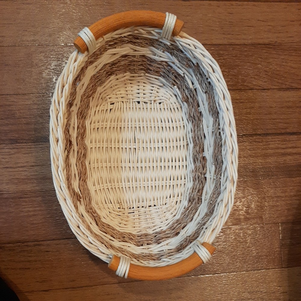 2 Oval Wicker Serving Baskets Wood Handles