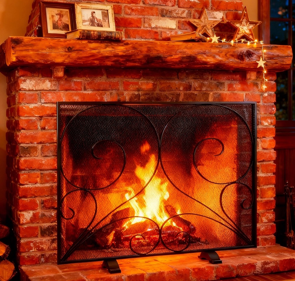 Fire Beauty Single Panel Fireplace Screen Wrought Iron Mesh Guard, H
