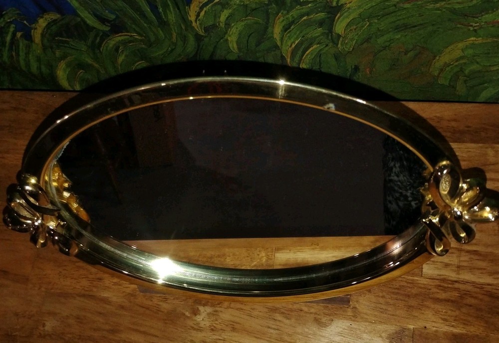 Vanity Bath Mirror Gold Oval with Bow Handles. Hangable