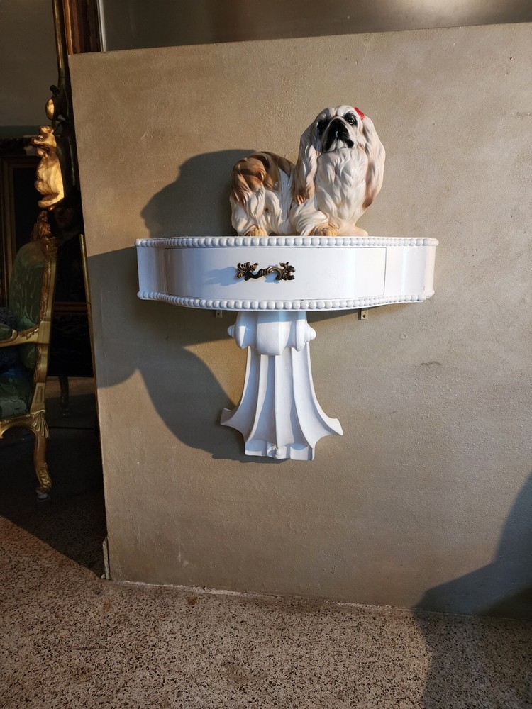 PAIR MID CENTURY MODERN Side Table or Consoles, Violin Scrolls Gloss White.