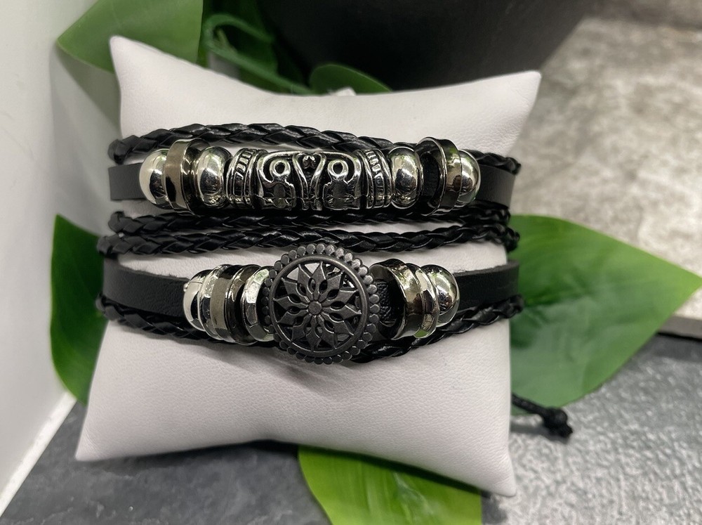 2 PC Leather Bracelet Stackable Adjustable Tie Free Ship B3274