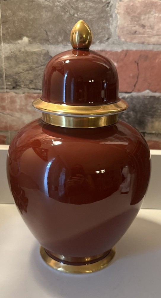 FITZ & FLOYD RENAISSANCE CINNIBAR GINGER JAR 11 " RUST RED GOLD TRIM
