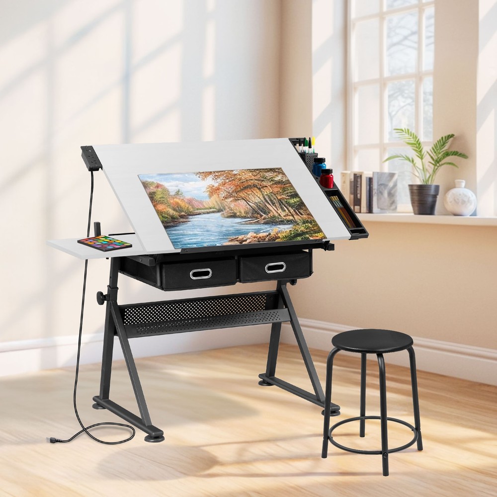 Multi Purpose Drafting Table Art Desk With Slide Out Surface and Charger, White