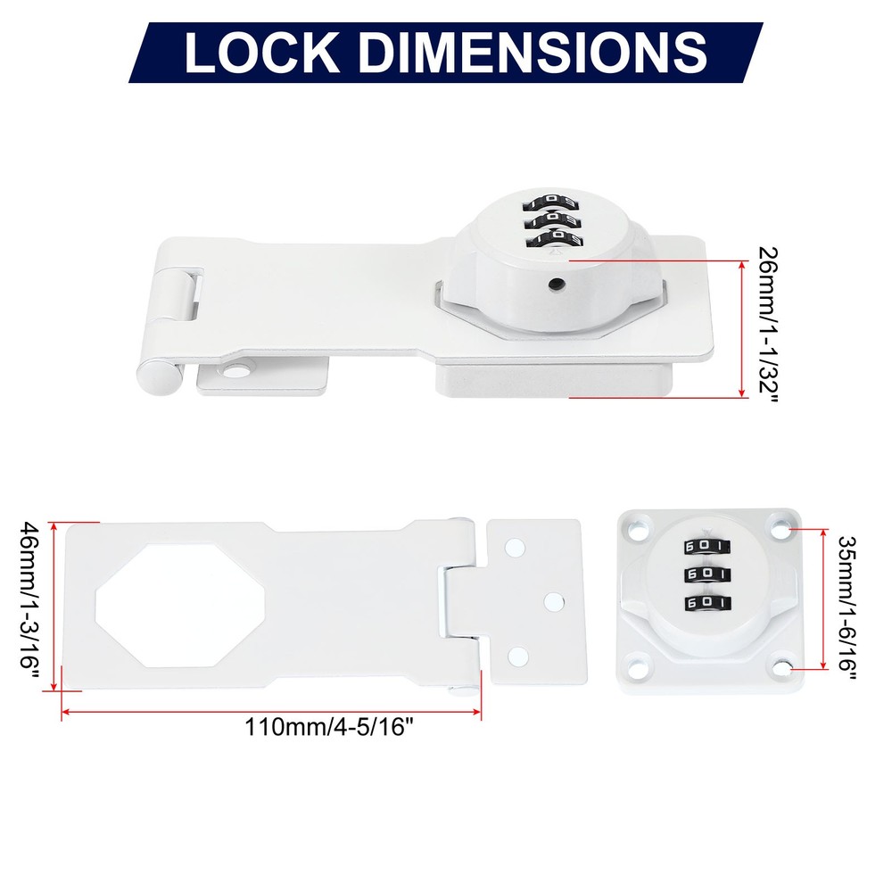 2Pcs 4.5" Combination Rotary Hasp Latch Lock 3-Digit Password Cabinet White