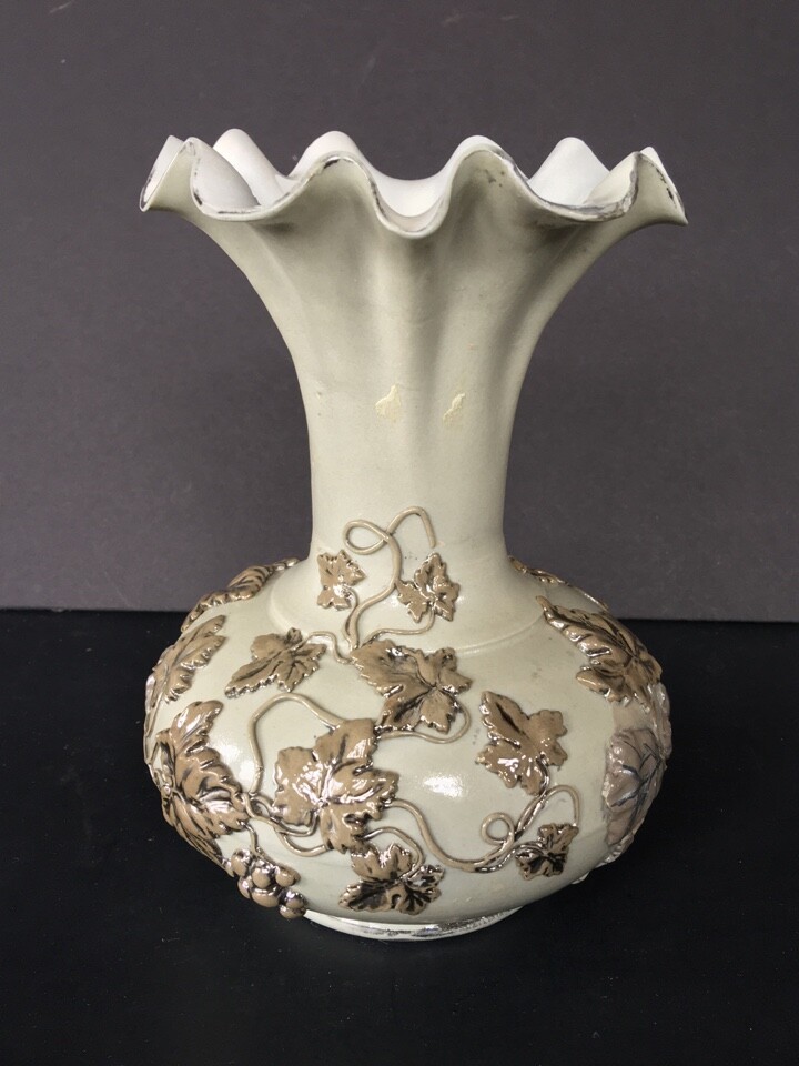 ANTIQUE LUSTERWARE APPLIED GRAPES VINES PORCELAIN VASE