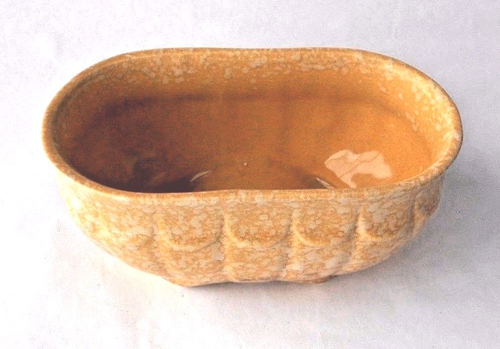 Vintage splatter ware pottery oval planter yellow ware flowers