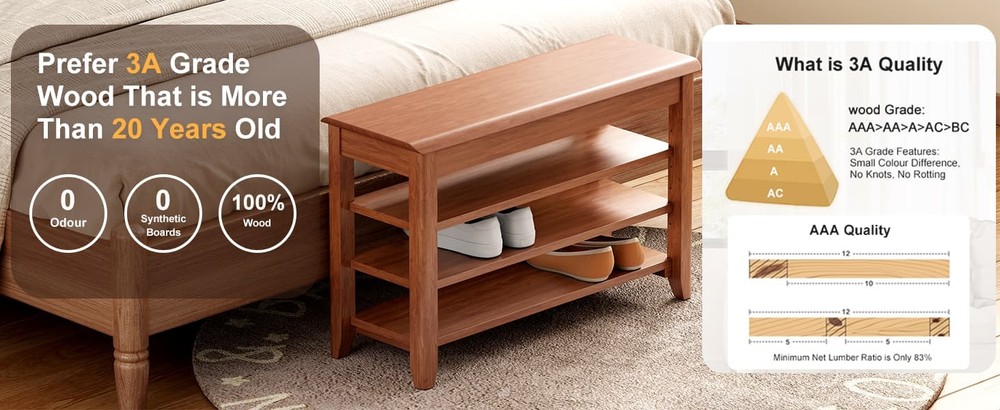 Solid Wood Shoe Rack Bench 550Lbs Load for Entrance Corridor